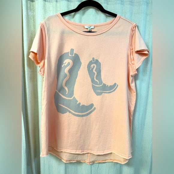 easel Tops - Peach T-Shirt with Cowboy Boot Graphic - Easel